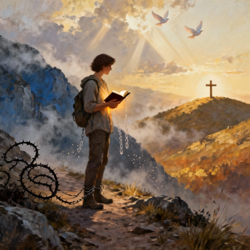 Uma cena realista ao amanhecer simboliza a jornada cristã: entre sombras e luz, luta contra o pecado, esperança, Palavra e crescimento em santidade.