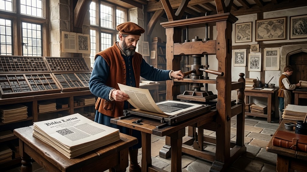 Prensa tipográfica de Gutenberg do século XV em oficina histórica, representando a transição tecnológica da imprensa para a inteligência artificial na Bíblia.
