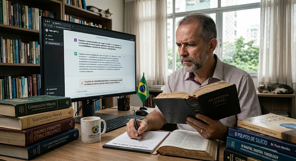 isão em close das mãos de um pastor brasileiro em um escritório de estudos, usando um lápis mecânico para escrever em um caderno de espiral com o título TEO-GPT 4: ALERTA DE CONSENSO ESTATÍSTICO, cercado por Bíblias e livros teológicos. A imagem reflete o conflito entre teologia e IA.